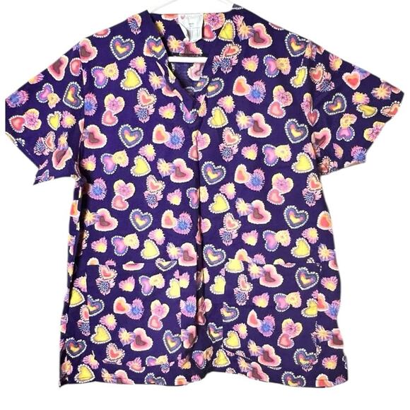All Heart Colorful Tie Fye Print Heart and Flower Print Scrub Top Sz M - Picture 5 of 5